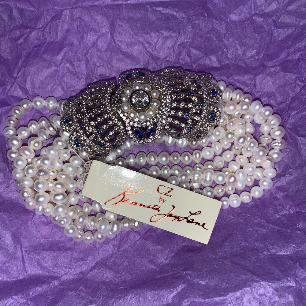Kenneth Jay Lane Pearl Multi-Strand Bracelet with Blue Crystal Clasp